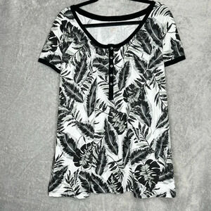 Woman Within 18 20 Shirt Top Black Floral Henley Scoop Neck Short Sleeve Cotton